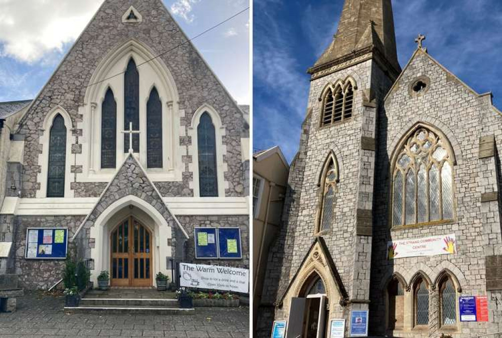 L: Dawlish Methodist Church on Brunswick Place. R: Dawlish United Reformed Church on the Strand (Nub News, Will Goddard)