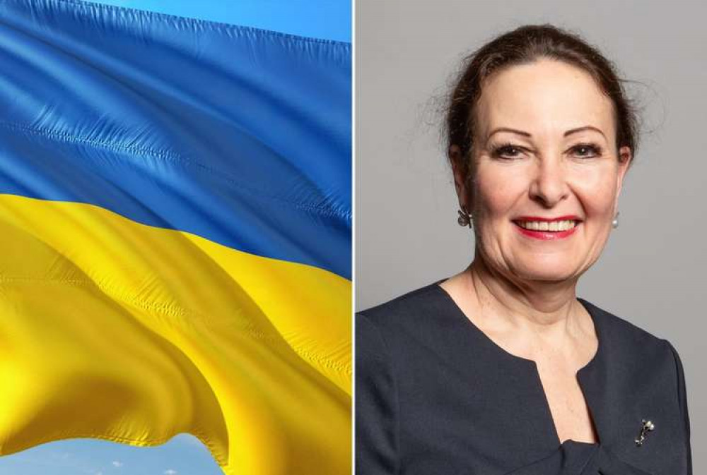 L: Ukrainian flag (Pixabay). R: Official portrait of Anne Marie Morris MP (By Richard Townshend - https://members-api.parliament.uk/api/Members/4249/Portrait?cropType=ThreeFourGallery: https://members.parliament.uk/member/4249/portrait, CC BY 3.0, https:/