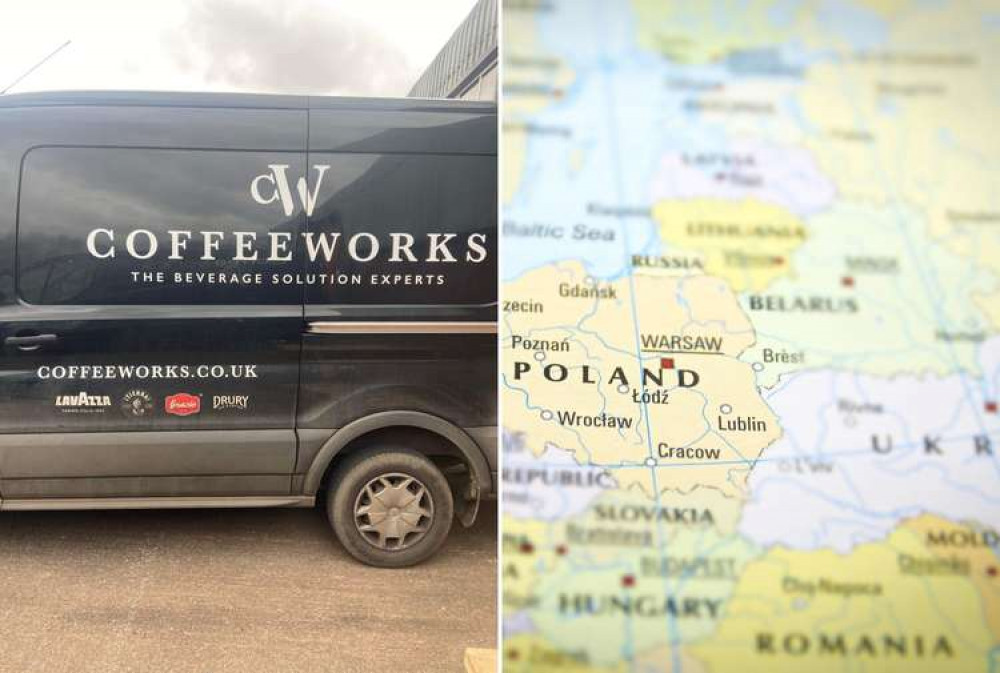 L: Coffeeworks van. R: Map showing Ukraine-Poland border (Pixabay)