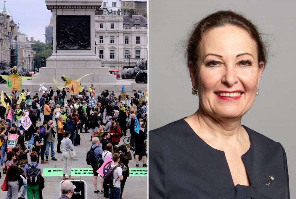 L: An example protest in Trafalgar Square. R: Anne Marie Morris MP (By Richard Townshend By Richard Townshend, CC BY 3.0, https://commons.wikimedia.org/w/index.php?curid=86673656, changes made)