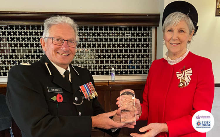 Deputy Chief Officer Derek Hopkins receives the Queen's Award for Voluntary Service on behalf of Essex Police Special Constabulary from Essex Lord-Lieutenant Jennifer Tolhurst