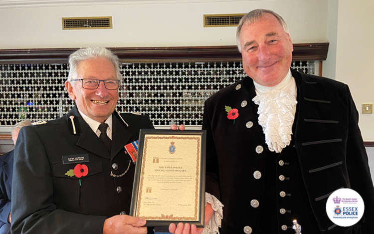 Deputy Chief Officer Derek Hopkins receives the High Sheriff's Award on behalf of Essex Police Special Constabulary from Essex High Sheriff Simon Brice