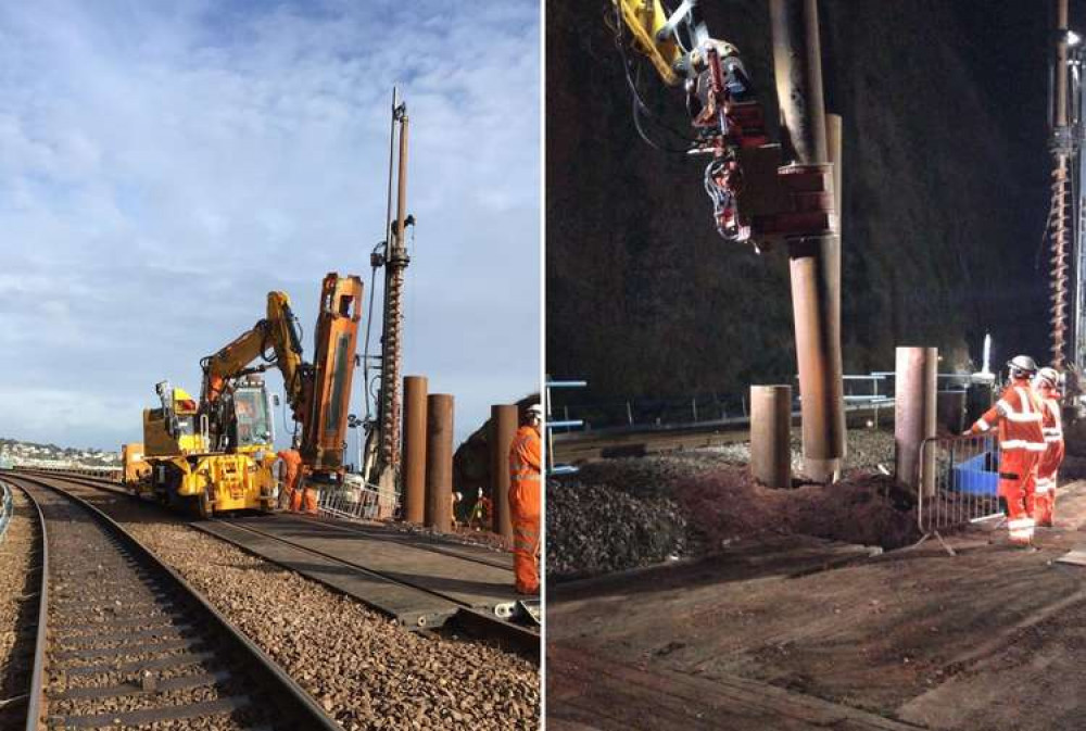 Photos taken in February of the specialist rail-mounted piling machines installing pilings at Parson's Tunnel (South West Rail Resilience Programme)