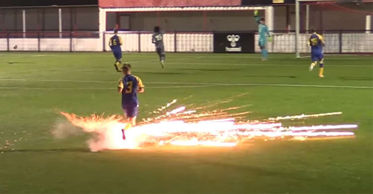 Matas Skrna is hit by the rogue firework.