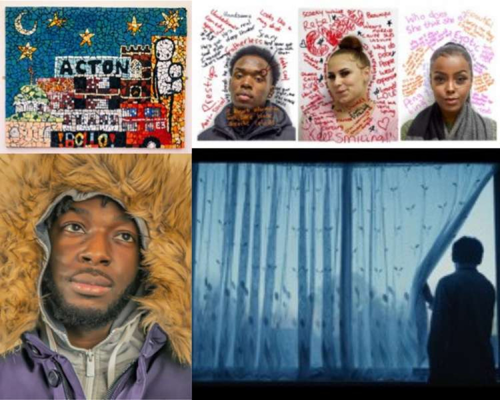 Images: Who Are We? Clockwise from top left: Acton Mosaic, The Lightboxes, still from Bando, West London Boys by Em Cole.