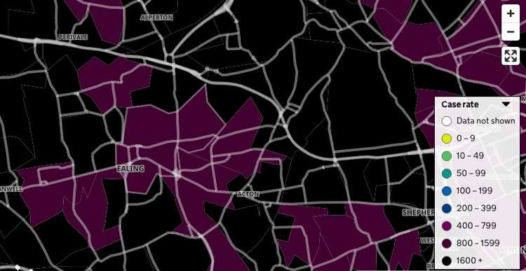 Interactive map of cases in Ealing. (Image: Screenshot/gov.uk)