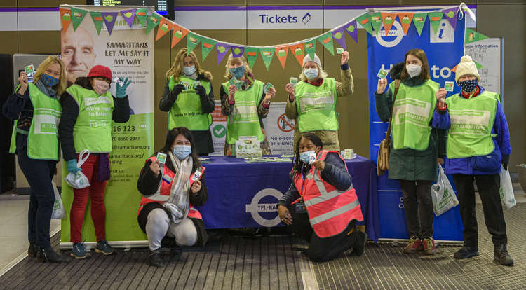 Ealing Hammersmith & Hounslow Samaritans volunteers pictured this week on 2020 Brew Monday (17 Jan) at Ealing Broadway Station with support from MTR Elizabeth Line personnel. (Image: Ealing Samaritans)