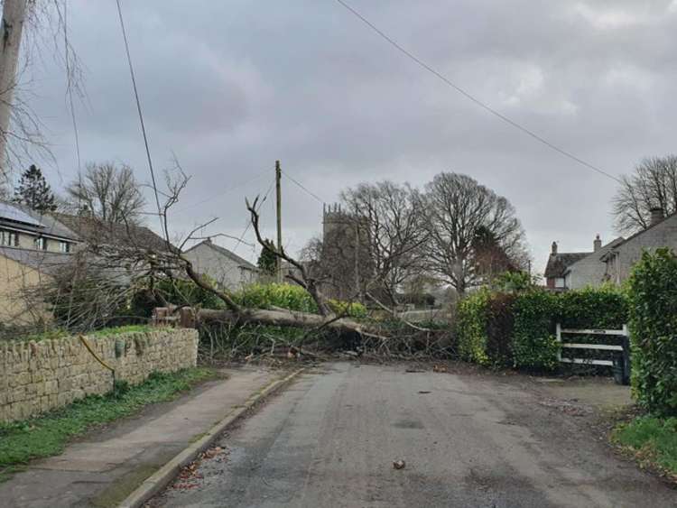 Church Road, Sparkford. Somerset Highways dealing with over 30 trees blocking roads