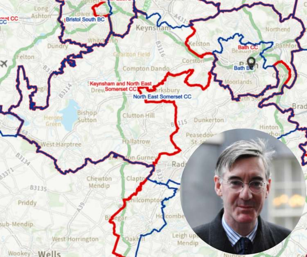 The blue line shows the existing boundaries and the red line shows the proposals that will reshape Jacob Rees-Mogg's constituency. Boundary Commission for England.