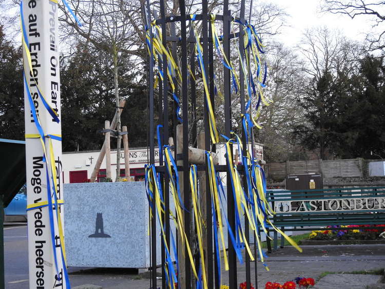 Blue and yellow ribbons were tied to the Peace Pole in Glastonbury as a sign of solidarity with those in Ukraine. Picture by Micheal White