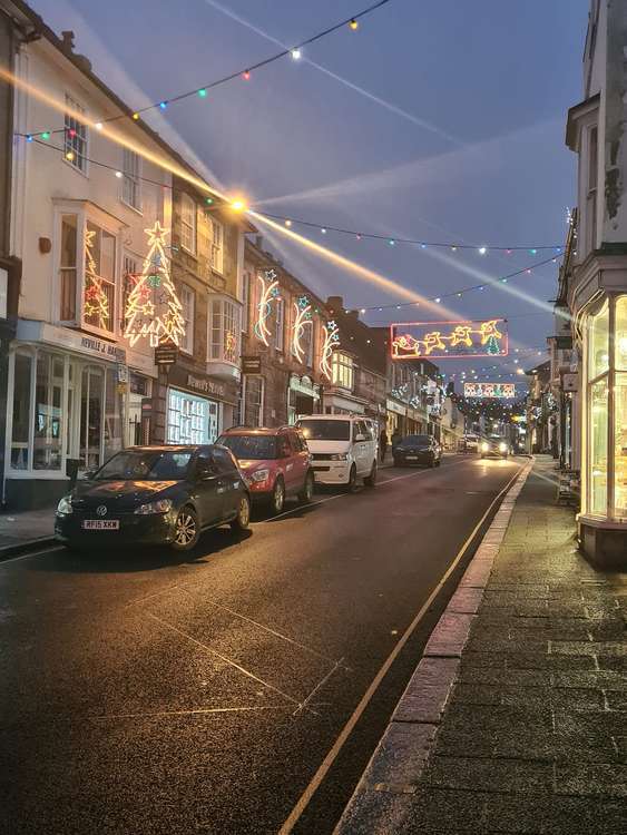 The Christmas lights put up in the town this year. Photo shared by Helston Christmas Lights.