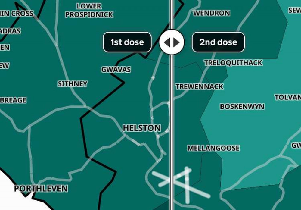 An interactive map shows the exact percentages of people with first and second jabs.