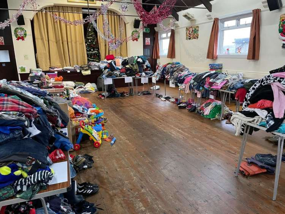 A photo of the donations at Ruan Minor Village Hall. Shared by Sam Jane.