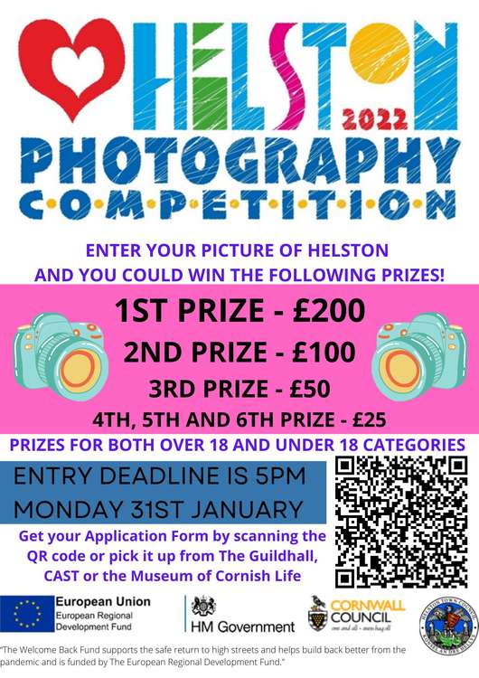 The poster for the competition. Get your application form by scanning the QR code or pick it up from The Guildhall, CAST or Museum of Cornish Life.