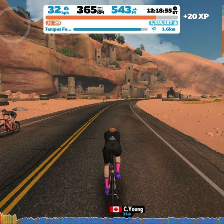 Helen's first long training ride just before Christmas. On Zwift.