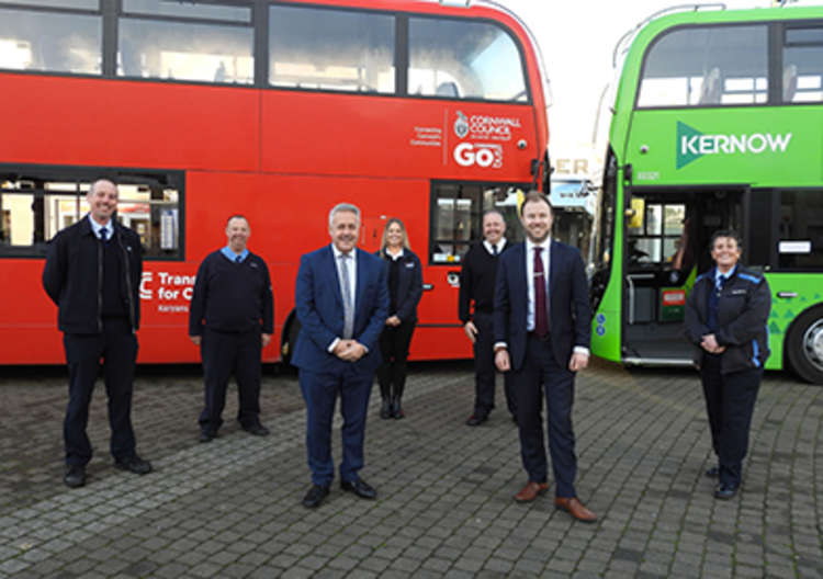 Cornwall by Kernow Driver Dave Chiplin, Stagecoach Driver Brian Young, Go Cornwall Bus Drivers Anna-Marie Bradshaw and John Richards. L to R front - Richard Stevens Managing Director Go Cornwall Bus, Simon Goff Managing Director Cornwall.