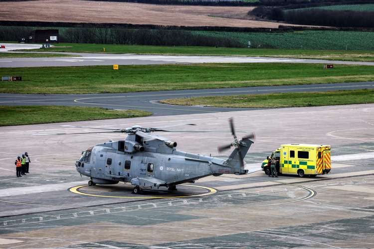 RNAS Culdrose back at base with emergency services after the kayaker rescue. Credit: Royal Navy.