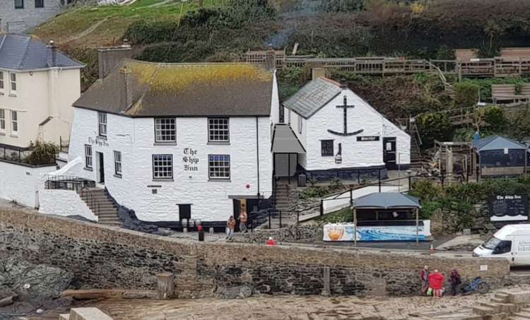 Plans for changes to The Ship Inn Porthleven with relocation and expansion of the kitchen, and enclosure between the two buildings. Proposed view of the pub.