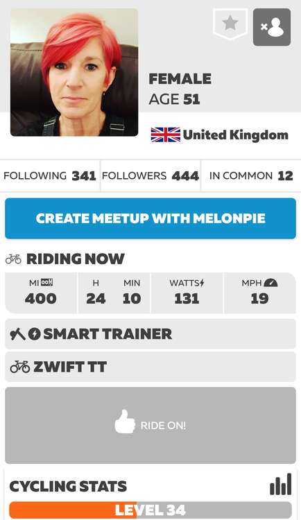 Helen's stats on Zwift.