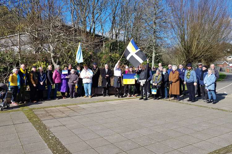 The Helston community walks in solidarity for Ukraine. Shared by Helston Town Council.