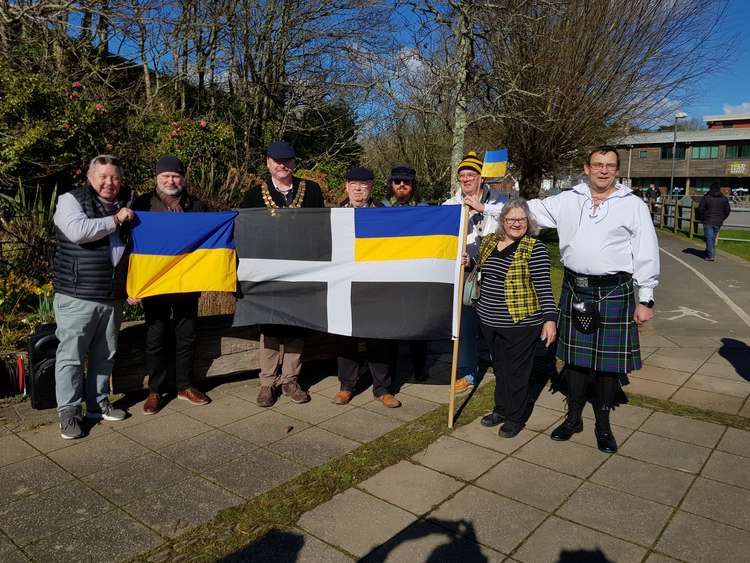 The Helston community walks in solidarity for Ukraine. Shared by Helston Town Council.