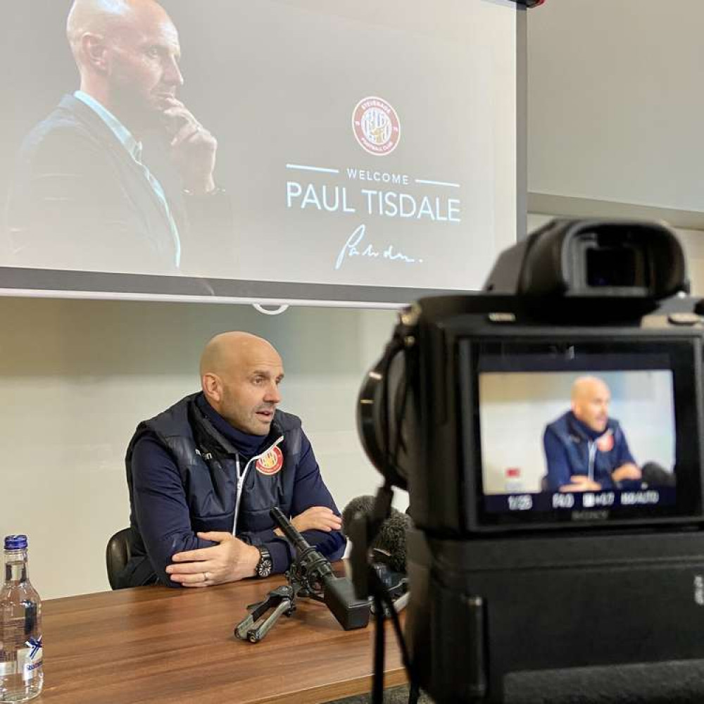 Stevenage FC unveil new boss Paul Tisdale at the Lamex. PICTURE: Paul Tisdale speaking to the media at the Lamex on Monday morning. CREDIT: Stevenage FC