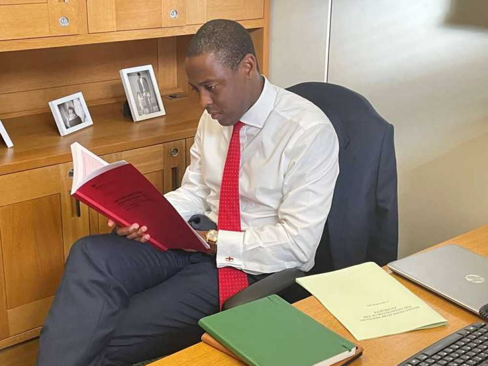 Hitchin MP Bim Afolami tells Nub News: I was not at Downing Street party - and calls for investigation if rules broken. PICTURE: Bim Afolami MP studying Budget details after they were released last month