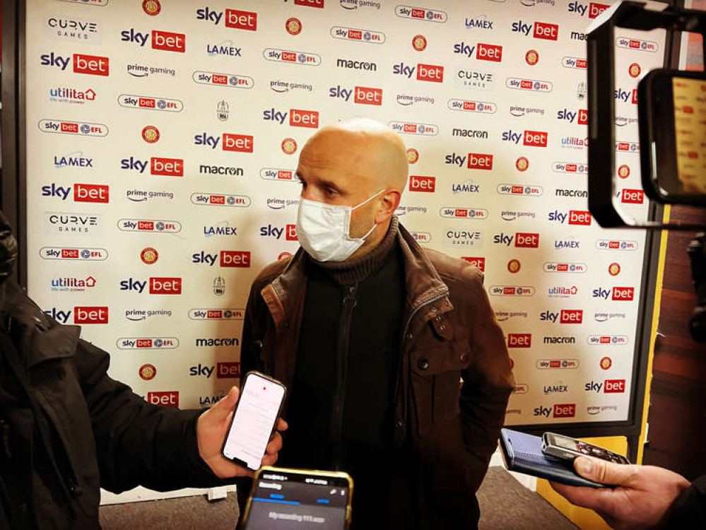 Stevenage boss Paul Tisdale celebrates first Boro victory with 'bag of crisps'. Tisdale spoke to Nub News after the match at the Lamex. CREDIT: @laythy29