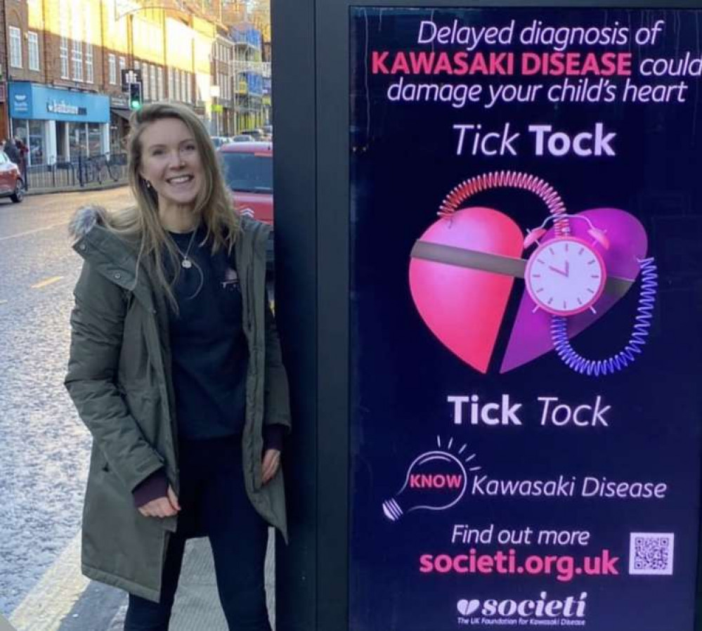 Hitchin town centre adverts show support to help boost determined mum Lucy's mission to fight Kawasaki Disease. CREDIT: Lucy Patterson on Instagram