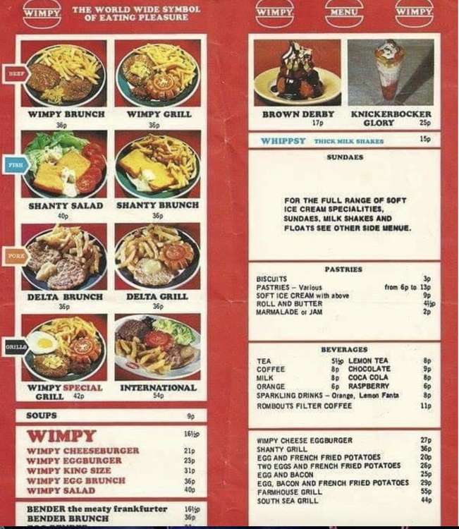 A Wimpy menu from the 1970s. CREDIT: I Love 1970s Facebook page