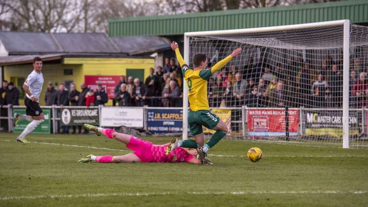 Hitchin Town 1-2 Hednesford Town: Valiant Canaries lose thriller in front of season's best Top Field crowd. CREDIT: Peter Else