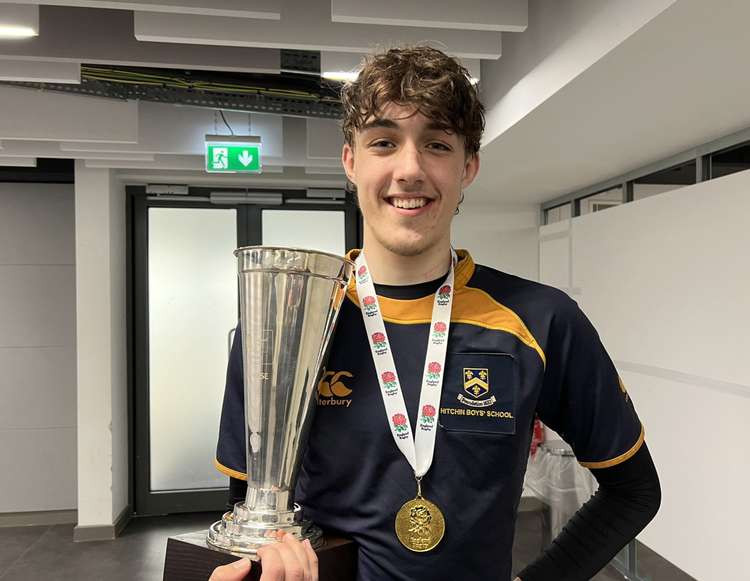 Victorious Hitchin Boys' School win RFU National Final at Twickenham: It was a real team effort - definitely the best day of my life says No8 Reece Cairns. PICTURE: A delighted Reece Cairns with the trophy in the Twickenham mixed zone. CREDIT: @laythy