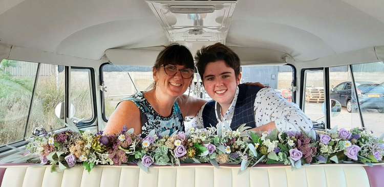 Kate with daughter Amy in VW wedding campervan Penny. CREDIT: Kate Peto