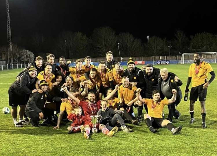 Stotfold 4-0 Shefford: Brett Donnelly and the team celebrate with the trophy after the match. CREDIT: Stotfold FC Twitter