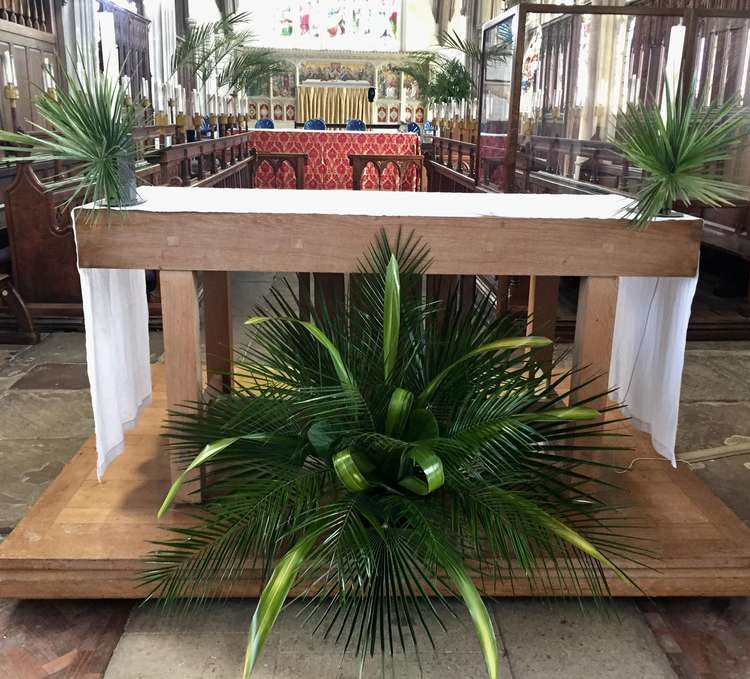 Palm Sunday altar and palms in the choir. CREDIT: St Mary's Church