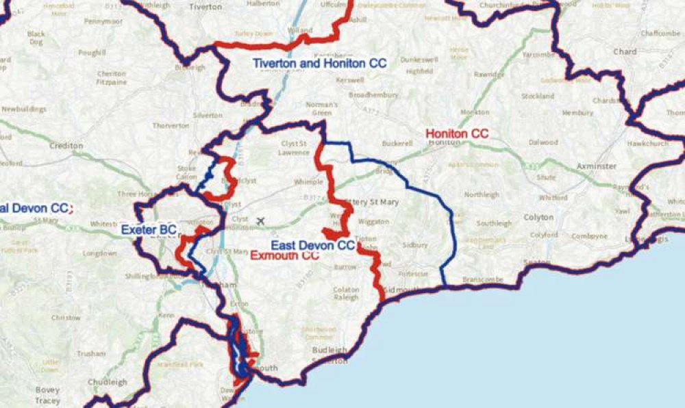 In blue, existing constituencies, and in red, proposed changes to electoral boundaries across Devon