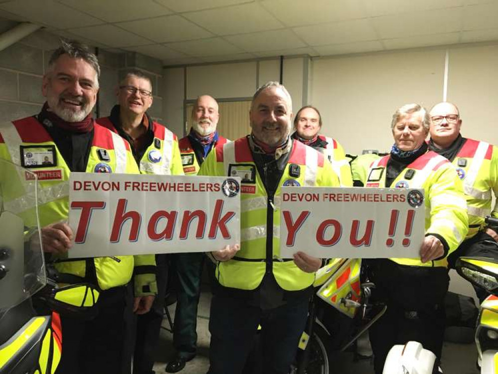 Photo shows (Left to Right): Devon Freewheelers volunteers Ian Robins, David Cather, Stephen Nash, Nigel Denny, David Pratt, Rodney Strawbridge and charity deputy CEO, Russell Roe. Credit: Devon Freewheelers.