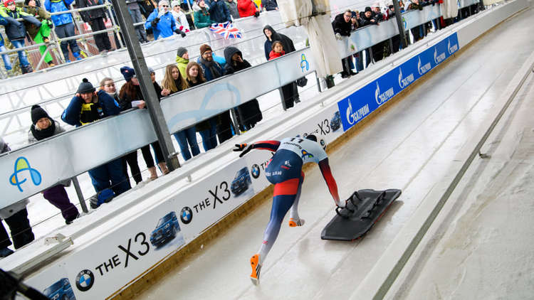 Marcus pushing the sled at the start of the race at the World Championships in Altenberg, Germany in 2019. Credit: Rekords