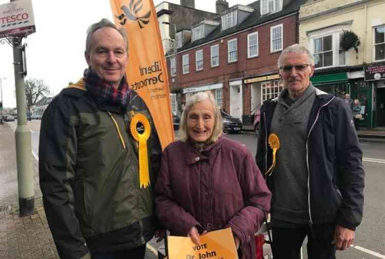 Cllr Vera Howard (centre) with Lib Dem candidate Dr John Timperley (left) and John Burgess (right) in 2019