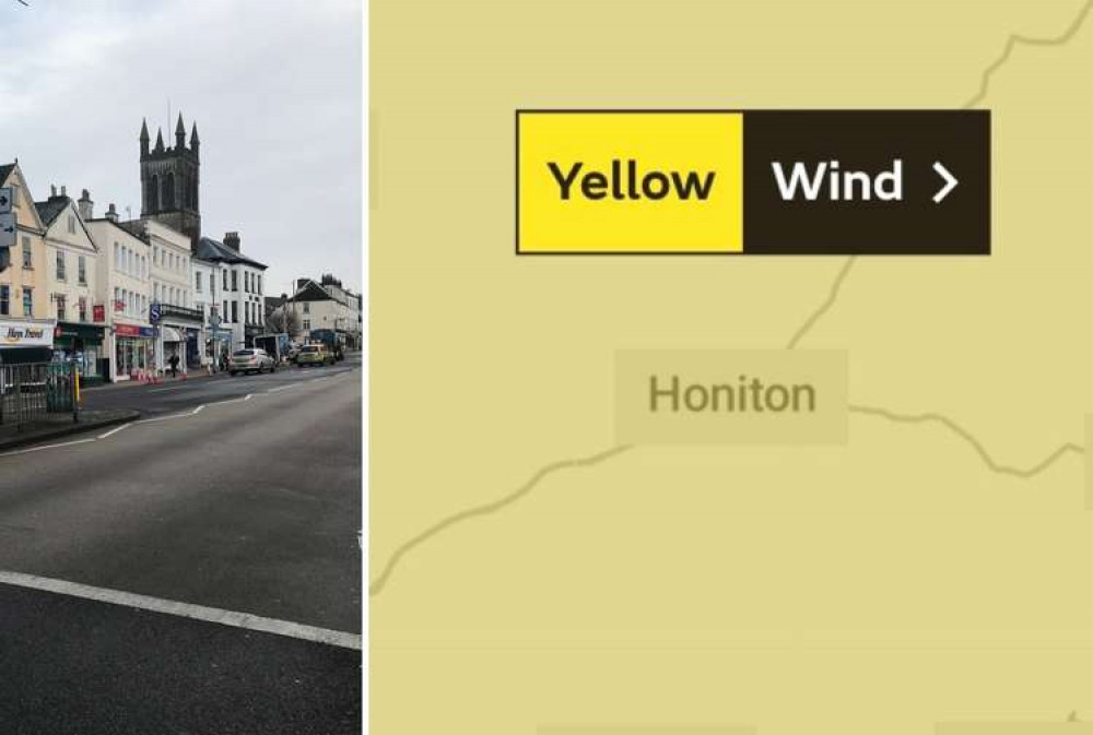 L: Honiton high street. R: Met Office weather warning