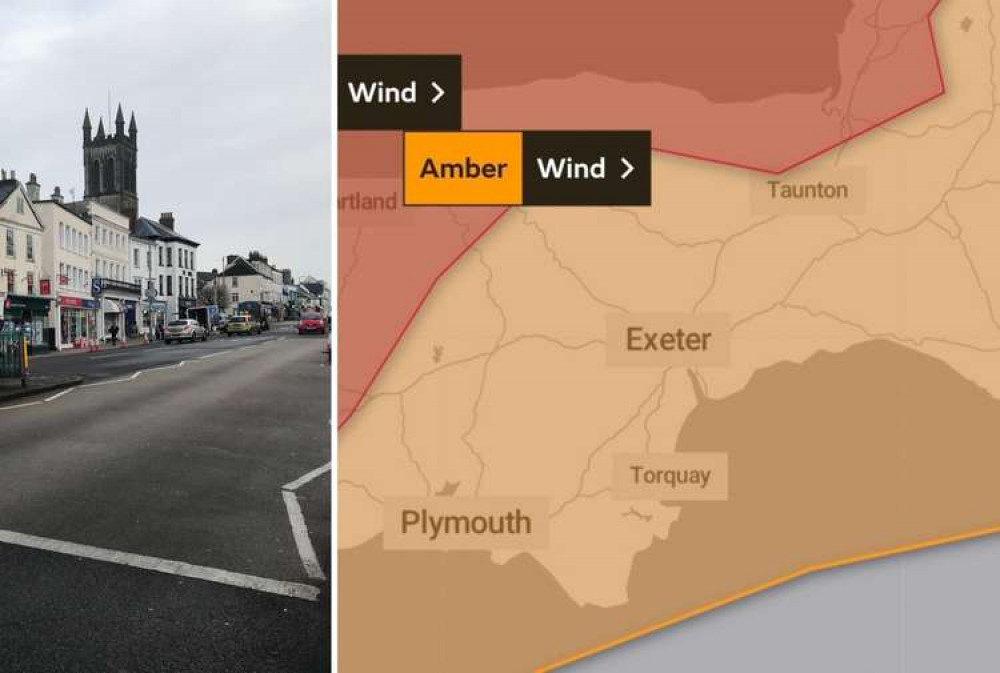 L: Honiton high street. R: Met Office weather warning