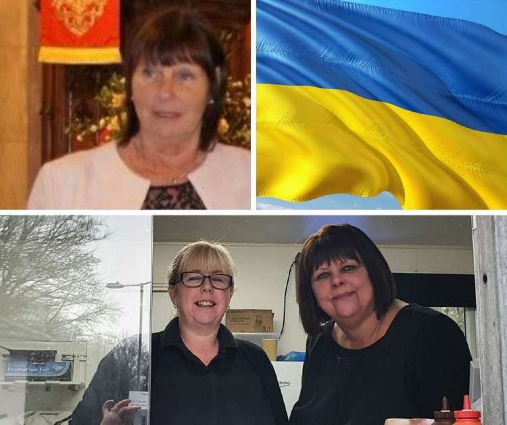 Top left: Sue Nicholson, top right: Ukrainian flag, bottom: Sue's colleagues at Smileys Cafe, Ruth and Karen.