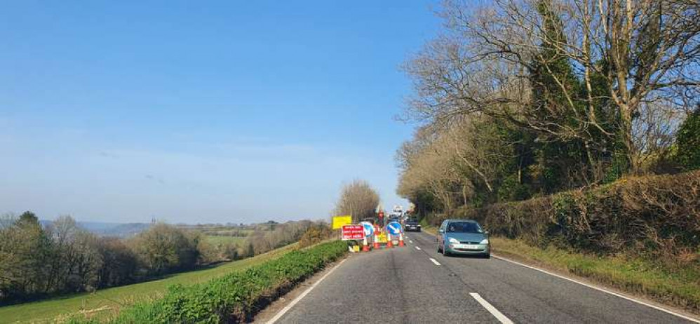 The temporary traffic lights have been on the A35 for six months