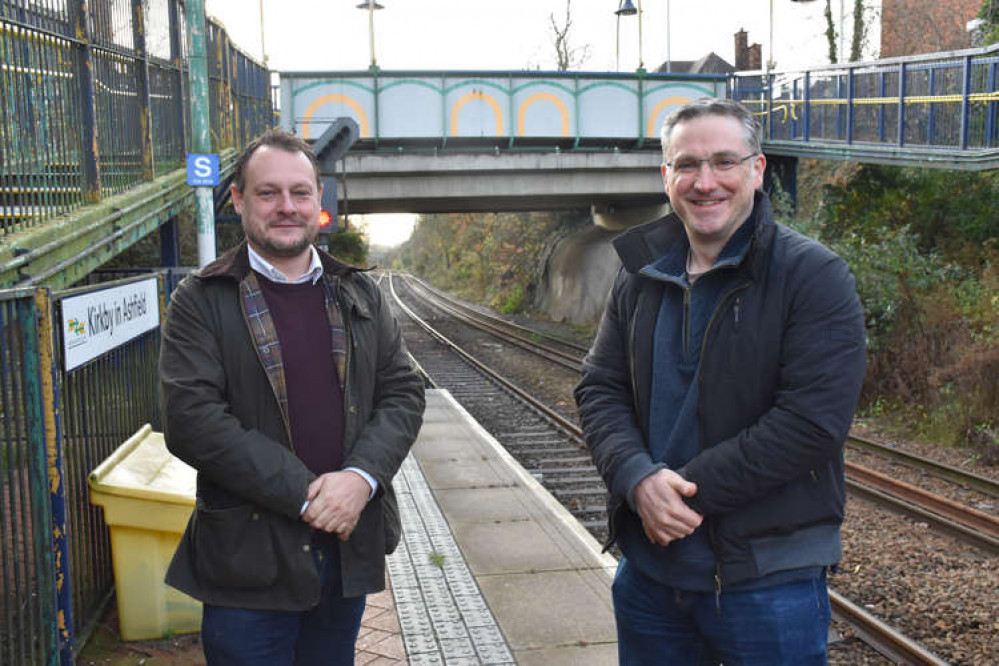 Cllr Jason Zadrozny & Cllr Matthew Relf at Kirkby Station which the Maid Marian Line will connect with Derbyshire.