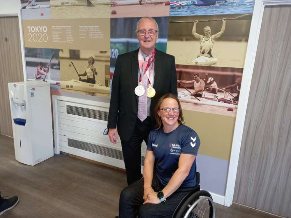 Councillor John Cottee, Chairman of Nottinghamshire County Council's Communities Committee, is pictured with Paralympian canoeist Emma Wiggs MBE.  Photo courtesy of Nottinghamshire County Council.