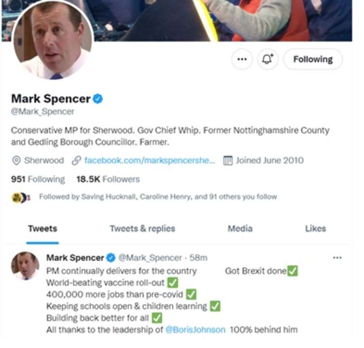 Mark Spencer took to Twitter to declare his support for Boris Johnson to remain as Prime Minister.