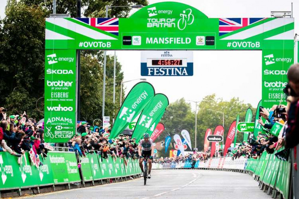 The Tour of Britain will again visit Nottinghamshire in 2022. Pictured: Team Sky's Ian Stannard crosses the finishing line in Mansfield to win the Nottinghamshire stage of the Tour of Britain in September 2018. Credit: Sweetspot.