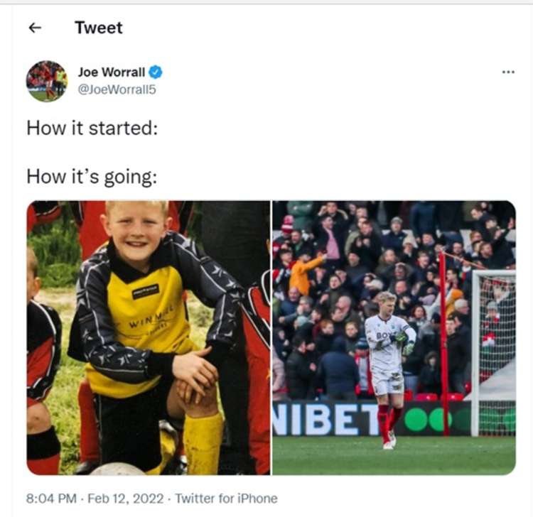 Joe Worrall tweeted a photo of him as a goalkeeper when he first started playing football as a young boy.