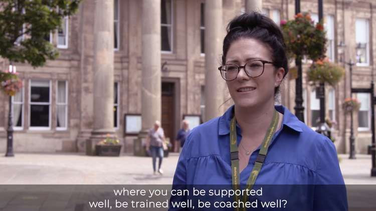 Resource Manager Zoe, speaking of the joys of working in the care centre, outside Macclesfield Town Hall. (Image - Cheshire East Council)