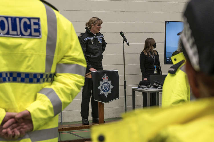 Cheshire Police's Una Jennings addressing officers at the briefing of Operation Guardians. (Image - Cheshire Police)